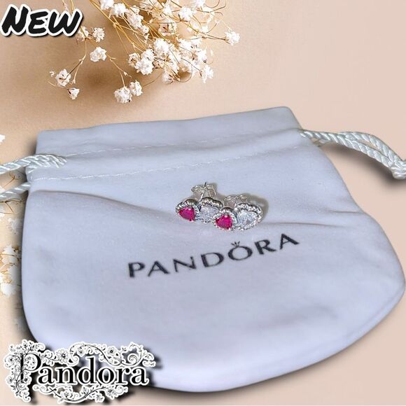 New Pandora Sterling Silver Halo Hearts Stud Earrings with Dust Bag - Picture 6 of 10